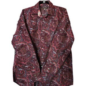 Men's Stetson Denim & Burgandy Long Sleeve Pearl Snap Button Up Shirt (L)